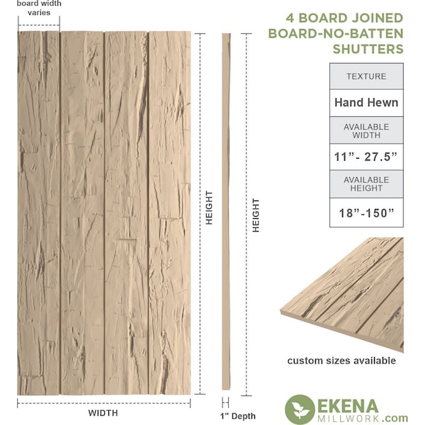 Rustic Four Board Joined Board-n-Batten Hand Hewn Faux Wood Shutters W/No Batten, 22W X 80H